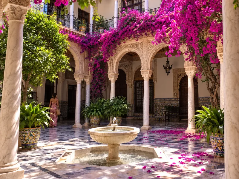 Main courtyard with marble columns and bougainvillea