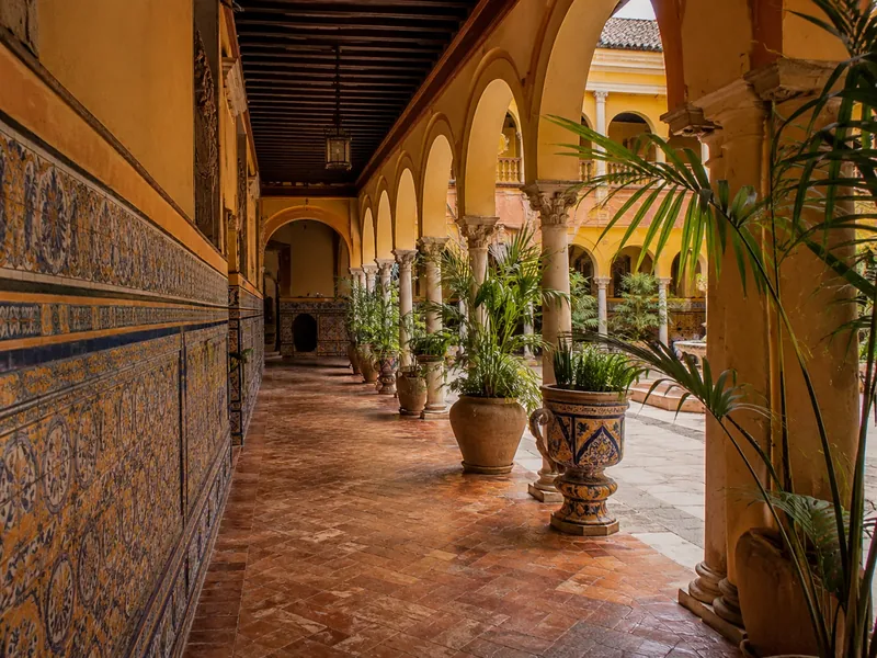 Arcaded galleries with azulejo tilework and Renaissance detail